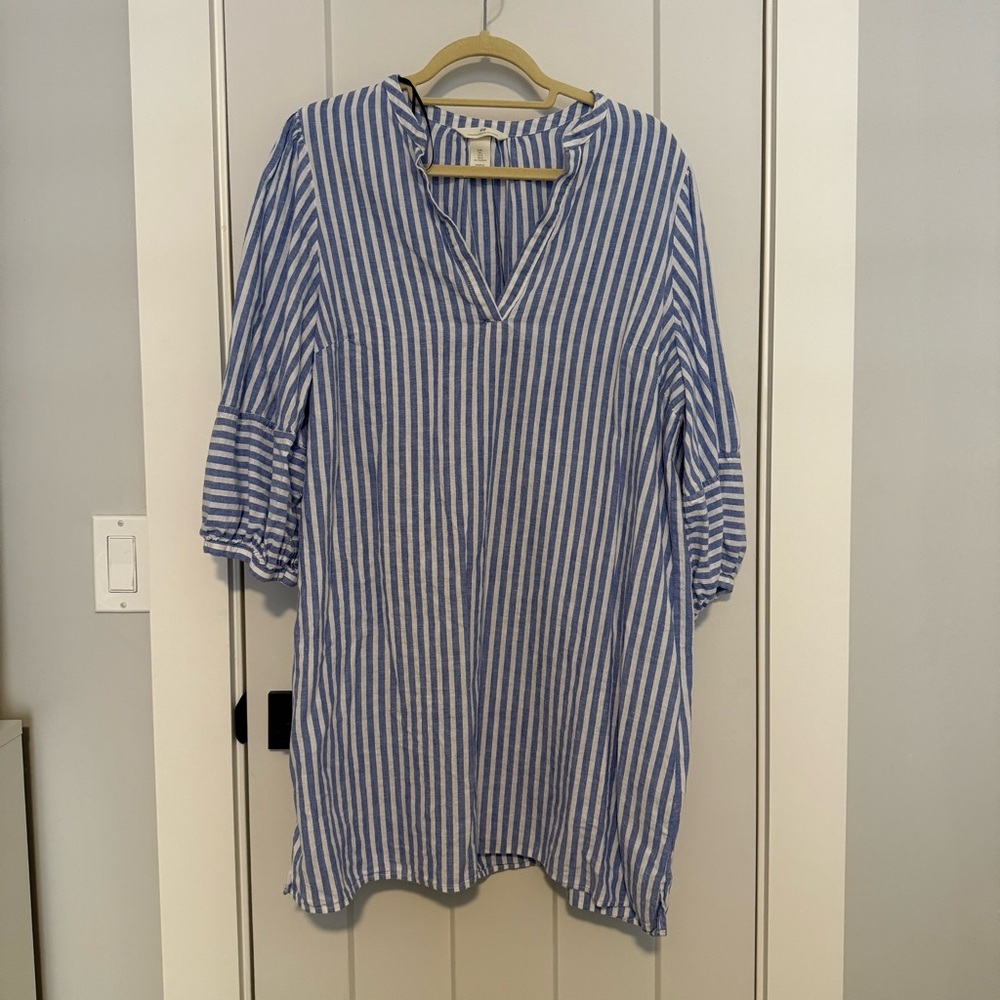 Blue and White Striped Women's Linen Shift Dress
